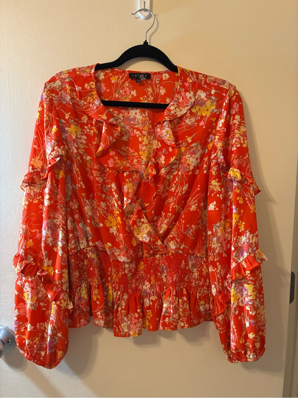 1. State Red Floral Ruffle Wrap Blouse Long Sleeve Surplice Gypsy Boho Coastal L